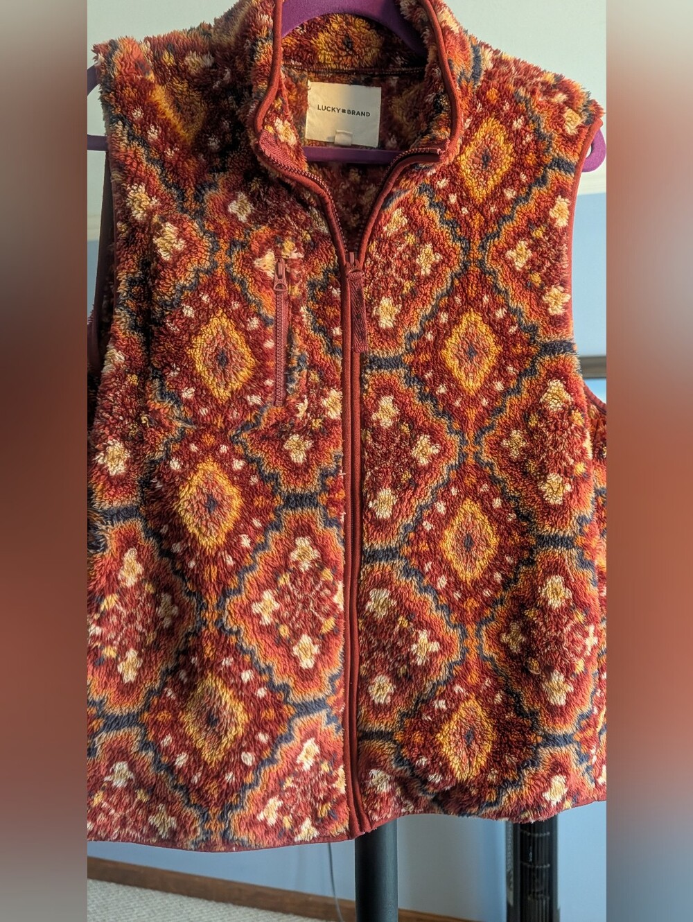 Lucky Brand Rust Multi Patterned Plush Zip Vest